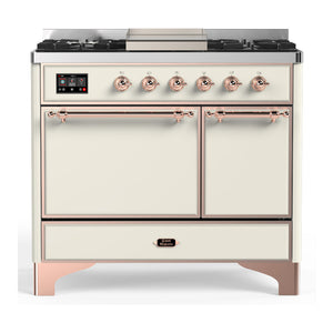ILVE Majestic III 40-Inch Dual Fuel Range with 6 Sealed Burners + Griddle, 3.82 cu. ft. Oven, Antique White with Copper Trim, Natural Gas, Solid Door, UMD40FQNR3AWP