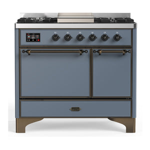 ILVE Majestic III 40-Inch Dual Fuel Range with 6 Sealed Burners + Griddle, 3.82 cu. ft. Oven, Blue Grey with Burnished Trim, Natural Gas, Solid Door, UMD40FQNR3BGB