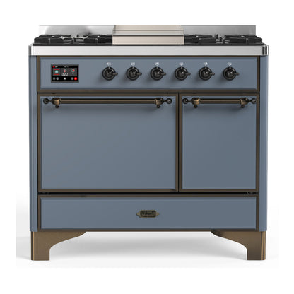 ILVE Majestic III 40-Inch Dual Fuel Range with 6 Sealed Burners + Griddle, 3.82 cu. ft. Oven, Blue Grey with Burnished Trim, Natural Gas, Solid Door, UMD40FQNR3BGB
