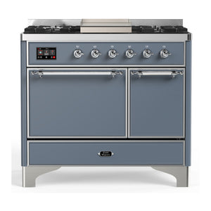 ILVE Majestic III 40-Inch Dual Fuel Range with 6 Sealed Burners + Griddle, 3.82 cu. ft. Oven, Blue Grey with Chrome Trim, Liquid Propane, Solid Door, UMD40FQNR3BGCLP