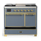 ILVE Majestic III 40-Inch Dual Fuel Range with 6 Sealed Burners + Griddle, 3.82 cu. ft. Oven, Blue Grey with Brass Trim, Liquid Propane, Solid Door, UMD40FQNR3BGGLP