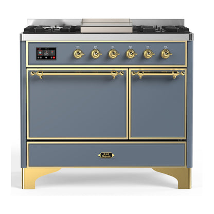 ILVE Majestic III 40-Inch Dual Fuel Range with 6 Sealed Burners + Griddle, 3.82 cu. ft. Oven, Blue Grey with Brass Trim, Liquid Propane, Solid Door, UMD40FQNR3BGGLP