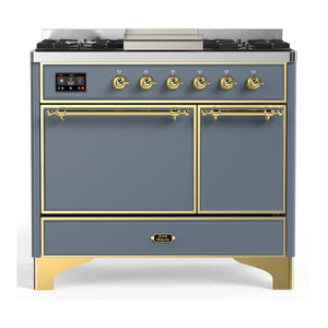 ILVE Majestic III 40-Inch Dual Fuel Range with 6 Sealed Burners + Griddle, 3.82 cu. ft. Oven, Blue Grey with Brass Trim, Natural Gas, Solid Door, UMD40FQNR3BGG