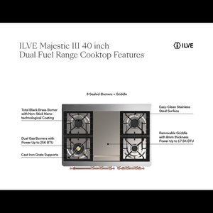 ILVE Majestic III 40-Inch Dual Fuel Range with 6 Sealed Burners + Griddle, 3.82 cu. ft. Oven, Blue Grey with Copper Trim, Liquid Propane, Solid Door, UMD40FQNR3BGPLP