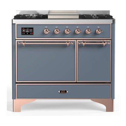 ILVE Majestic III 40-Inch Dual Fuel Range with 6 Sealed Burners + Griddle, 3.82 cu. ft. Oven, Blue Grey with Copper Trim, Liquid Propane, Solid Door, UMD40FQNR3BGPLP