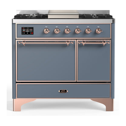 ILVE Majestic III 40-Inch Dual Fuel Range with 6 Sealed Burners + Griddle, 3.82 cu. ft. Oven, Blue Grey with Copper Trim, Natural Gas, Solid Door, UMD40FQNR3BGP