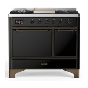 ILVE Majestic III 40-Inch Dual Fuel Range with 6 Sealed Burners + Griddle, 3.82 cu. ft. Oven, Glossy Black with Burnished Trim, Natural Gas, Solid Door, UMD40FQNR3BKB