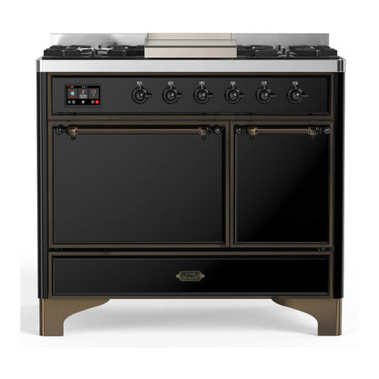 ILVE Majestic III 40-Inch Dual Fuel Range with 6 Sealed Burners + Griddle, 3.82 cu. ft. Oven, Glossy Black with Burnished Trim, Natural Gas, Solid Door, UMD40FQNR3BKB
