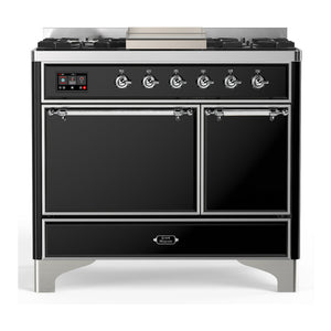 ILVE Majestic III 40-Inch Dual Fuel Range with 6 Sealed Burners + Griddle, 3.82 cu. ft. Oven, Glossy Black with Chrome Trim, Liquid Propane, Solid Door, UMD40FQNR3BKCLP