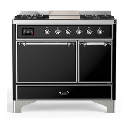 ILVE Majestic III 40-Inch Dual Fuel Range with 6 Sealed Burners + Griddle, 3.82 cu. ft. Oven, Glossy Black with Chrome Trim, Liquid Propane, Solid Door, UMD40FQNR3BKCLP