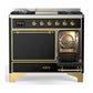 ILVE Majestic III 40-Inch Dual Fuel Range with 6 Sealed Burners + Griddle, 3.82 cu. ft. Oven, Glossy Black with Brass Trim, Natural Gas, Solid Door, UMD40FQNR3BKG