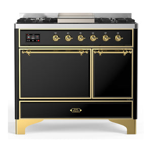ILVE Majestic III 40-Inch Dual Fuel Range with 6 Sealed Burners + Griddle, 3.82 cu. ft. Oven, Glossy Black with Brass Trim, Natural Gas, Solid Door, UMD40FQNR3BKG