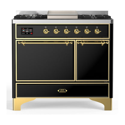 ILVE Majestic III 40-Inch Dual Fuel Range with 6 Sealed Burners + Griddle, 3.82 cu. ft. Oven, Glossy Black with Brass Trim, Natural Gas, Solid Door, UMD40FQNR3BKG