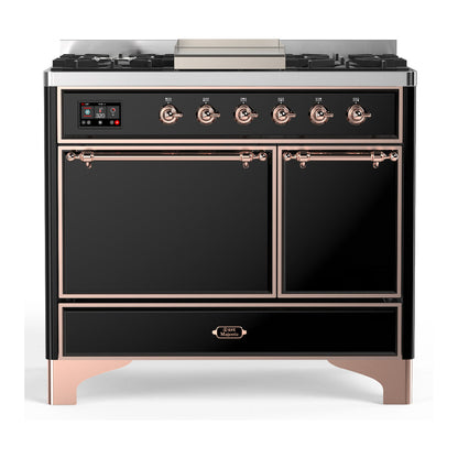 ILVE Majestic III 40-Inch Dual Fuel Range with 6 Sealed Burners + Griddle, 3.82 cu. ft. Oven, Glossy Black with Copper Trim, Natural Gas, Solid Door, UMD40FQNR3BKP