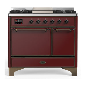 ILVE Majestic III 40-Inch Dual Fuel Range with 6 Sealed Burners + Griddle, 3.82 cu. ft. Oven, Burgundy with Burnished Trim, Liquid Propane, Solid Door, UMD40FQNR3BUBLP