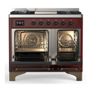 ILVE Majestic III 40-Inch Dual Fuel Range with 6 Sealed Burners + Griddle, 3.82 cu. ft. Oven, Burgundy with Burnished Trim, Liquid Propane, Solid Door, UMD40FQNR3BUBLP