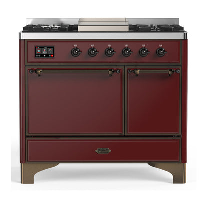 ILVE Majestic III 40-Inch Dual Fuel Range with 6 Sealed Burners + Griddle, 3.82 cu. ft. Oven, Burgundy with Burnished Trim, Natural Gas, Solid Door, UMD40FQNR3BUB