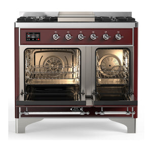 ILVE Majestic III 40-Inch Dual Fuel Range with 6 Sealed Burners + Griddle, 3.82 cu. ft. Oven, Burgundy with Chrome Trim, Natural Gas, Solid Door, UMD40FQNR3BUC
