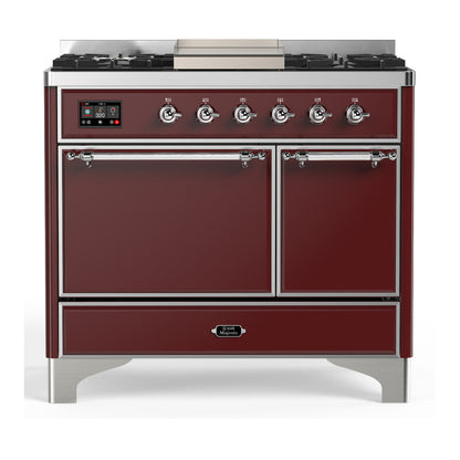 ILVE Majestic III 40-Inch Dual Fuel Range with 6 Sealed Burners + Griddle, 3.82 cu. ft. Oven, Burgundy with Chrome Trim, Natural Gas, Solid Door, UMD40FQNR3BUC