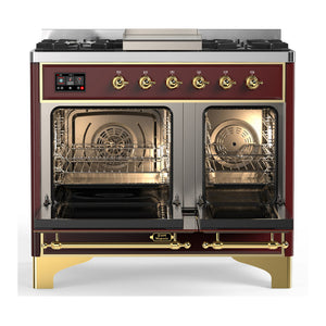 ILVE Majestic III 40-Inch Dual Fuel Range with 6 Sealed Burners + Griddle, 3.82 cu. ft. Oven, Burgundy with Brass Trim, Natural Gas, Solid Door, UMD40FQNR3BUG
