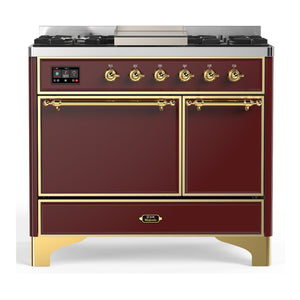ILVE Majestic III 40-Inch Dual Fuel Range with 6 Sealed Burners + Griddle, 3.82 cu. ft. Oven, Burgundy with Brass Trim, Natural Gas, Solid Door, UMD40FQNR3BUG