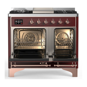 ILVE Majestic III 40-Inch Dual Fuel Range with 6 Sealed Burners + Griddle, 3.82 cu. ft. Oven, Burgundy with Copper Trim, Natural Gas, Solid Door, UMD40FQNR3BUP