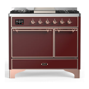 ILVE Majestic III 40-Inch Dual Fuel Range with 6 Sealed Burners + Griddle, 3.82 cu. ft. Oven, Burgundy with Copper Trim, Natural Gas, Solid Door, UMD40FQNR3BUP