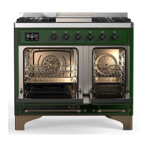 ILVE Majestic III 40-Inch Dual Fuel Range with 6 Sealed Burners + Griddle, 3.82 cu. ft. Oven, Emerald Green with Burnished Trim, Liquid Propane, Solid Door, UMD40FQNR3EGBLP