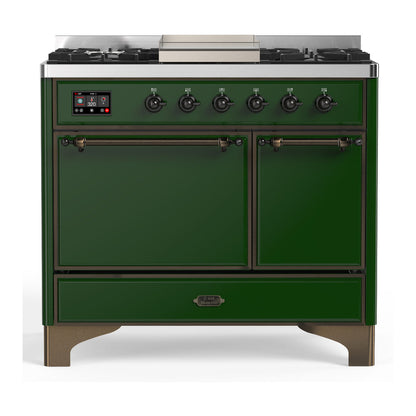 ILVE Majestic III 40-Inch Dual Fuel Range with 6 Sealed Burners + Griddle, 3.82 cu. ft. Oven, Emerald Green with Burnished Trim, Liquid Propane, Solid Door, UMD40FQNR3EGBLP