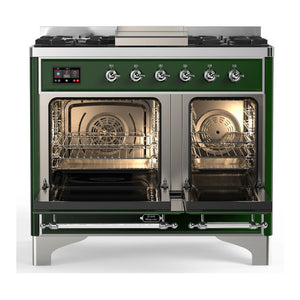 ILVE Majestic III 40-Inch Dual Fuel Range with 6 Sealed Burners + Griddle, 3.82 cu. ft. Oven, Emerald Green with Chrome Trim, Liquid Propane, Solid Door, UMD40FQNR3EGCLP