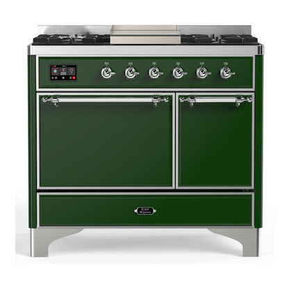 ILVE Majestic III 40-Inch Dual Fuel Range with 6 Sealed Burners + Griddle, 3.82 cu. ft. Oven, Emerald Green with Chrome Trim, Liquid Propane, Solid Door, UMD40FQNR3EGCLP