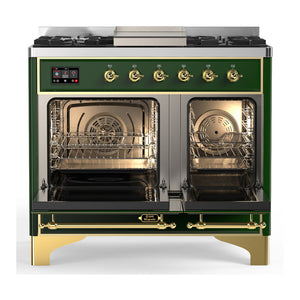 ILVE Majestic III 40-Inch Dual Fuel Range with 6 Sealed Burners + Griddle, 3.82 cu. ft. Oven, Emerald Green with Brass Trim, Liquid Propane, Solid Door, UMD40FQNR3EGGLP