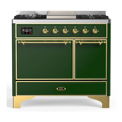 ILVE Majestic III 40-Inch Dual Fuel Range with 6 Sealed Burners + Griddle, 3.82 cu. ft. Oven, Emerald Green with Brass Trim, Liquid Propane, Solid Door, UMD40FQNR3EGGLP