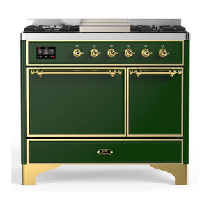 ILVE Majestic III 40-Inch Dual Fuel Range with 6 Sealed Burners + Griddle, 3.82 cu. ft. Oven, Emerald Green with Brass Trim, Natural Gas, Solid Door, UMD40FQNR3EGG