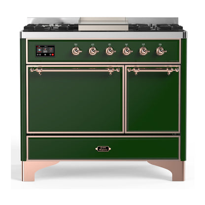 ILVE Majestic III 40-Inch Dual Fuel Range with 6 Sealed Burners + Griddle, 3.82 cu. ft. Oven, Emerald Green with Copper Trim, Natural Gas, Solid Door, UMD40FQNR3EGP