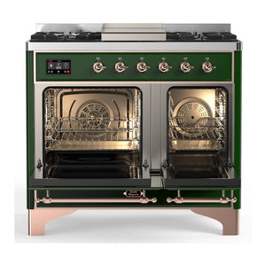 ILVE Majestic III 40-Inch Dual Fuel Range with 6 Sealed Burners + Griddle, 3.82 cu. ft. Oven, Emerald Green with Copper Trim, Natural Gas, Solid Door, UMD40FQNR3EGP