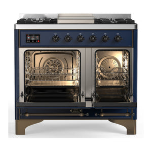 ILVE Majestic III 40-Inch Dual Fuel Range with 6 Sealed Burners + Griddle, 3.82 cu. ft. Oven, Mightnight Blue with Burnished Trim, Liquid Propane, Solid Door, UMD40FQNR3MBBLP