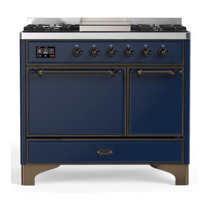 ILVE Majestic III 40-Inch Dual Fuel Range with 6 Sealed Burners + Griddle, 3.82 cu. ft. Oven, Mightnight Blue with Burnished Trim, Natural Gas, Solid Door, UMD40FQNR3MBB