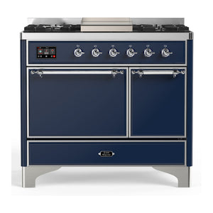 ILVE Majestic III 40-Inch Dual Fuel Range with 6 Sealed Burners + Griddle, 3.82 cu. ft. Oven, Mightnight Blue with Chrome Trim, Liquid Propane, Solid Door, UMD40FQNR3MBCLP