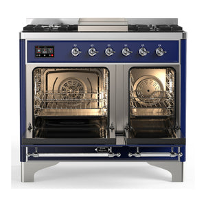 ILVE Majestic III 40-Inch Dual Fuel Range with 6 Sealed Burners + Griddle, 3.82 cu. ft. Oven, Mightnight Blue with Chrome Trim, Natural Gas, Solid Door, UMD40FQNR3MBC