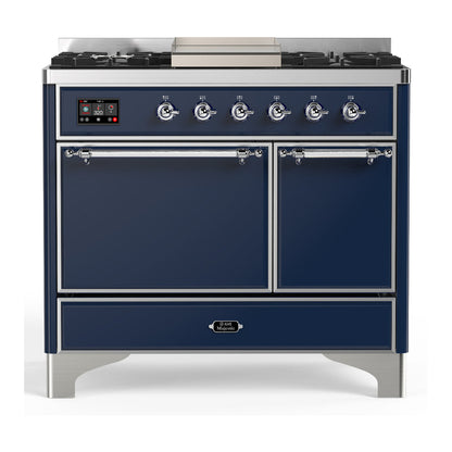 ILVE Majestic III 40-Inch Dual Fuel Range with 6 Sealed Burners + Griddle, 3.82 cu. ft. Oven, Mightnight Blue with Chrome Trim, Natural Gas, Solid Door, UMD40FQNR3MBC
