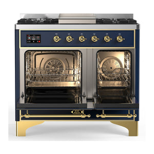 ILVE Majestic III 40-Inch Dual Fuel Range with 6 Sealed Burners + Griddle, 3.82 cu. ft. Oven, Mightnight Blue with Brass Trim, Natural Gas, Solid Door, UMD40FQNR3MBG