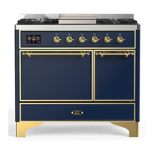 ILVE Majestic III 40-Inch Dual Fuel Range with 6 Sealed Burners + Griddle, 3.82 cu. ft. Oven, Mightnight Blue with Brass Trim, Natural Gas, Solid Door, UMD40FQNR3MBG