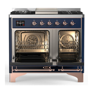 ILVE Majestic III 40-Inch Dual Fuel Range with 6 Sealed Burners + Griddle, 3.82 cu. ft. Oven, Mightnight Blue with Copper Trim, Liquid Propane, Solid Door, UMD40FQNR3MBPLP