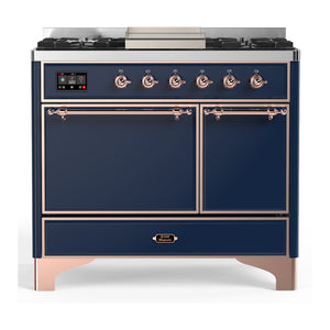 ILVE Majestic III 40-Inch Dual Fuel Range with 6 Sealed Burners + Griddle, 3.82 cu. ft. Oven, Mightnight Blue with Copper Trim, Liquid Propane, Solid Door, UMD40FQNR3MBPLP