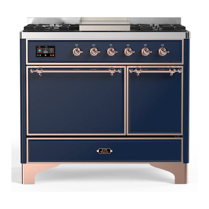 ILVE Majestic III 40-Inch Dual Fuel Range with 6 Sealed Burners + Griddle, 3.82 cu. ft. Oven, Mightnight Blue with Copper Trim, Natural Gas, Solid Door, UMD40FQNR3MBP