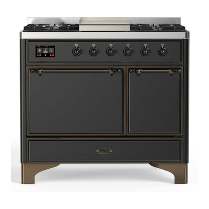 ILVE Majestic III 40-Inch Dual Fuel Range with 6 Sealed Burners + Griddle, 3.82 cu. ft. Oven, Matte Graphite with Burnished Trim, Liquid Propane, Solid Door, UMD40FQNR3MGBLP