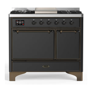 ILVE Majestic III 40-Inch Dual Fuel Range with 6 Sealed Burners + Griddle, 3.82 cu. ft. Oven, Matte Graphite with Burnished Trim, Natural Gas, Solid Door, UMD40FQNR3MGB
