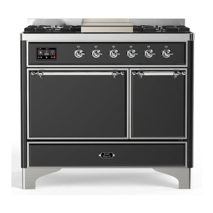 ILVE Majestic III 40-Inch Dual Fuel Range with 6 Sealed Burners + Griddle, 3.82 cu. ft. Oven, Matte Graphite with Chrome Trim, Liquid Propane, Solid Door, UMD40FQNR3MGCLP