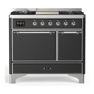 ILVE Majestic III 40-Inch Dual Fuel Range with 6 Sealed Burners + Griddle, 3.82 cu. ft. Oven, Matte Graphite with Chrome Trim, Natural Gas, Solid Door, UMD40FQNR3MGC